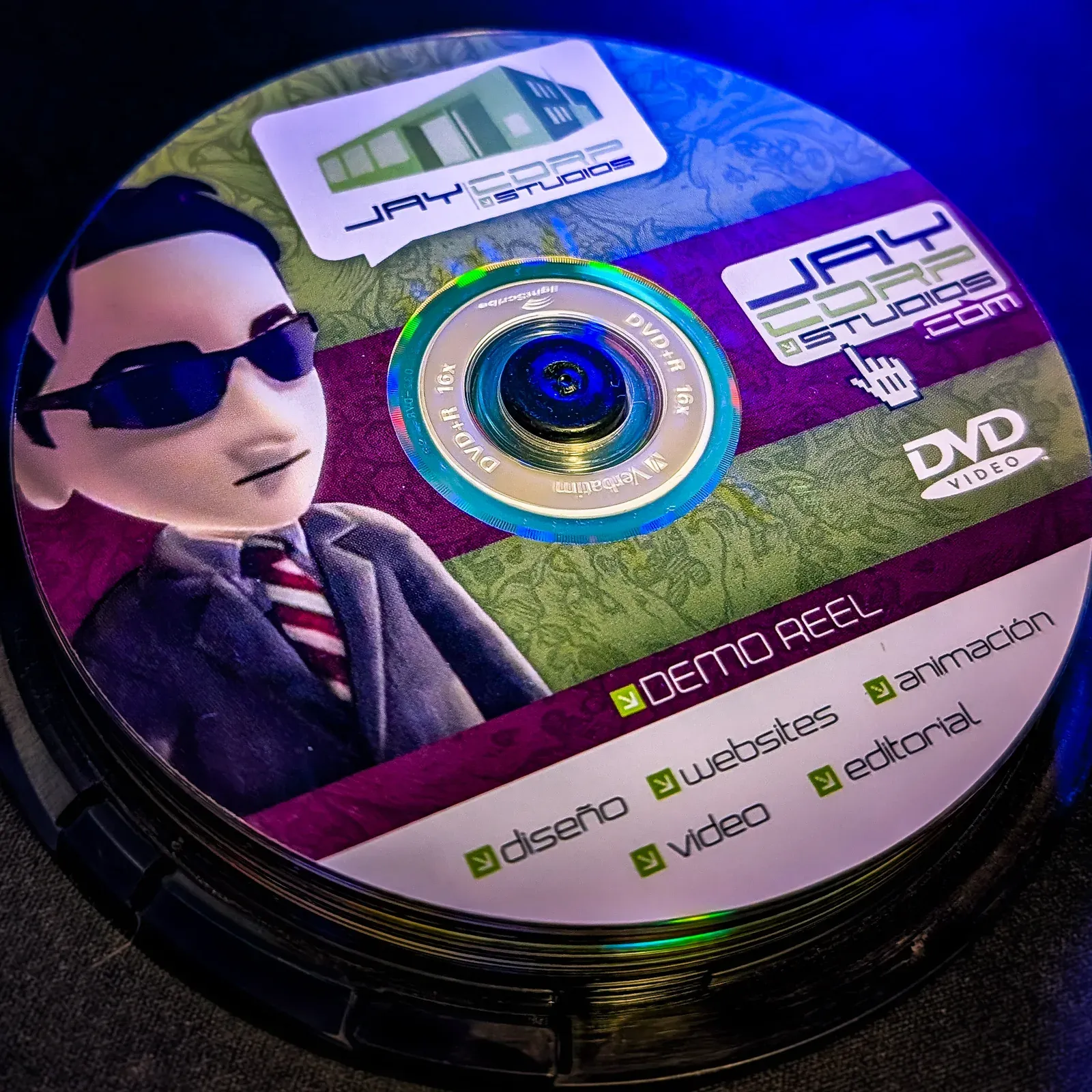 Printed Jaycorp Studios DVD with a demo reel covering design, websites, animation, video, and editorial work.