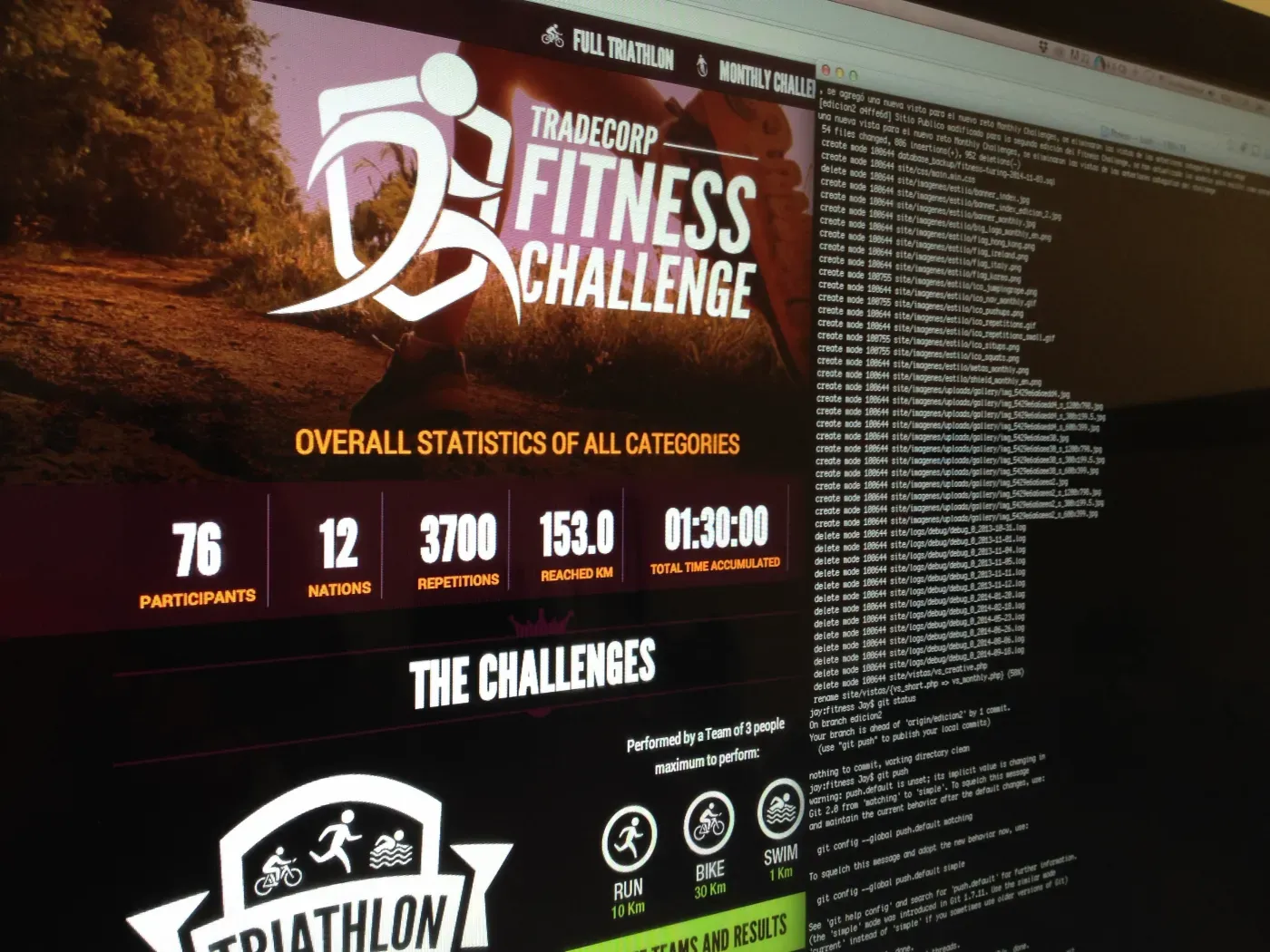 A corporate fitness challenge site next to its commit log.