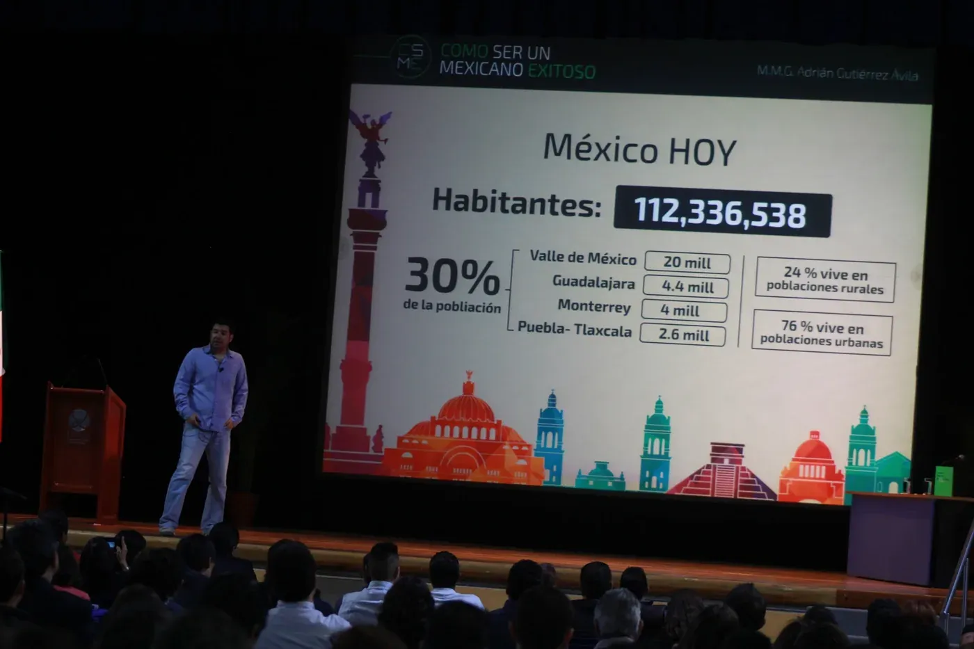 A conference presentation about Mexico on a large screen.