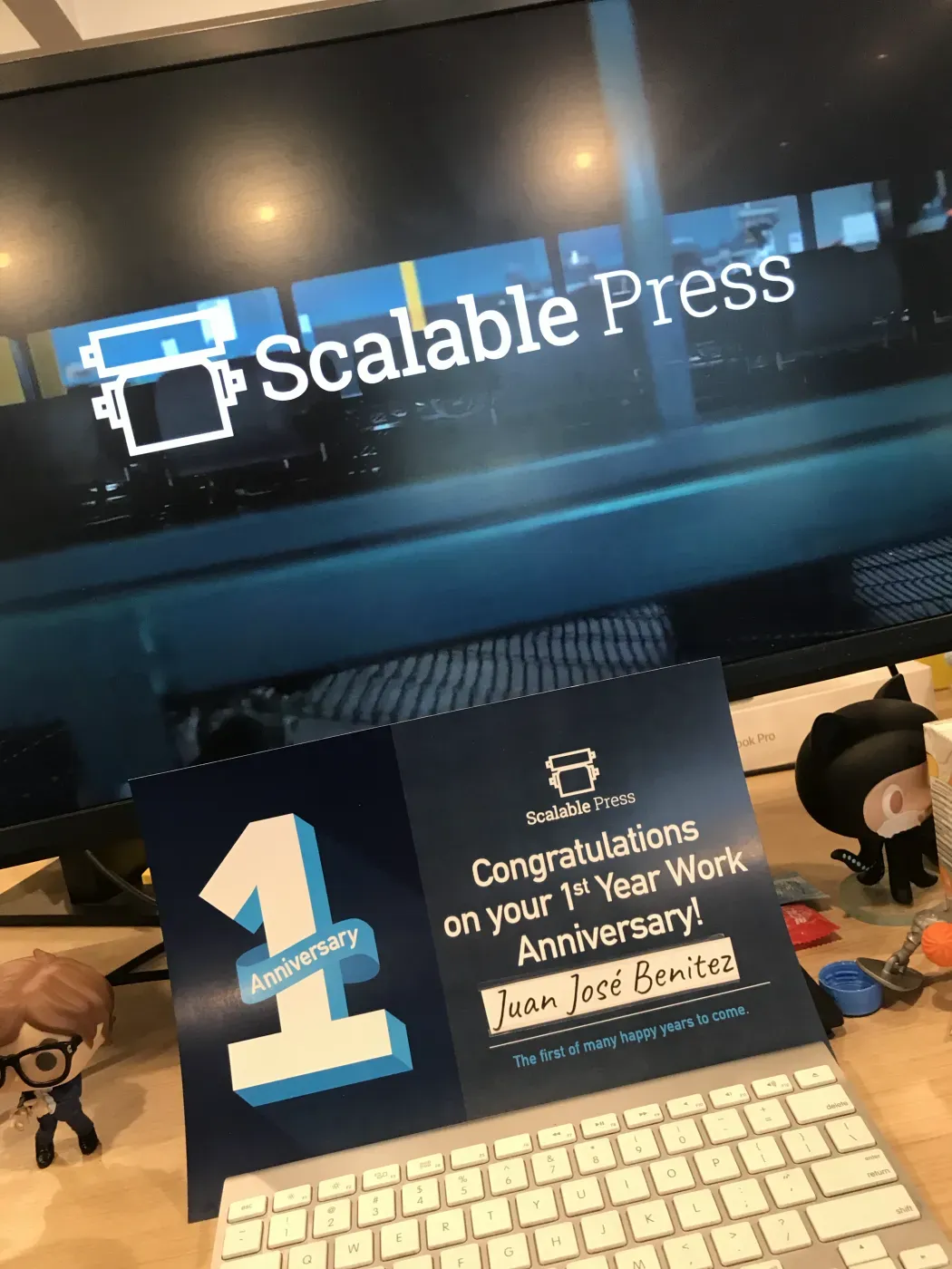 A first-year work anniversary card on a desk at Scalable Press.