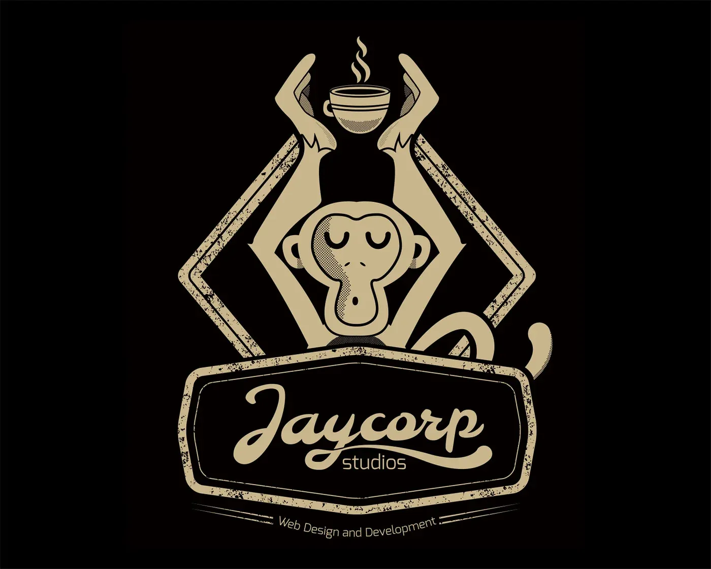 Old Jaycorp Studios logo with a monkey holding a cup above the emblem.