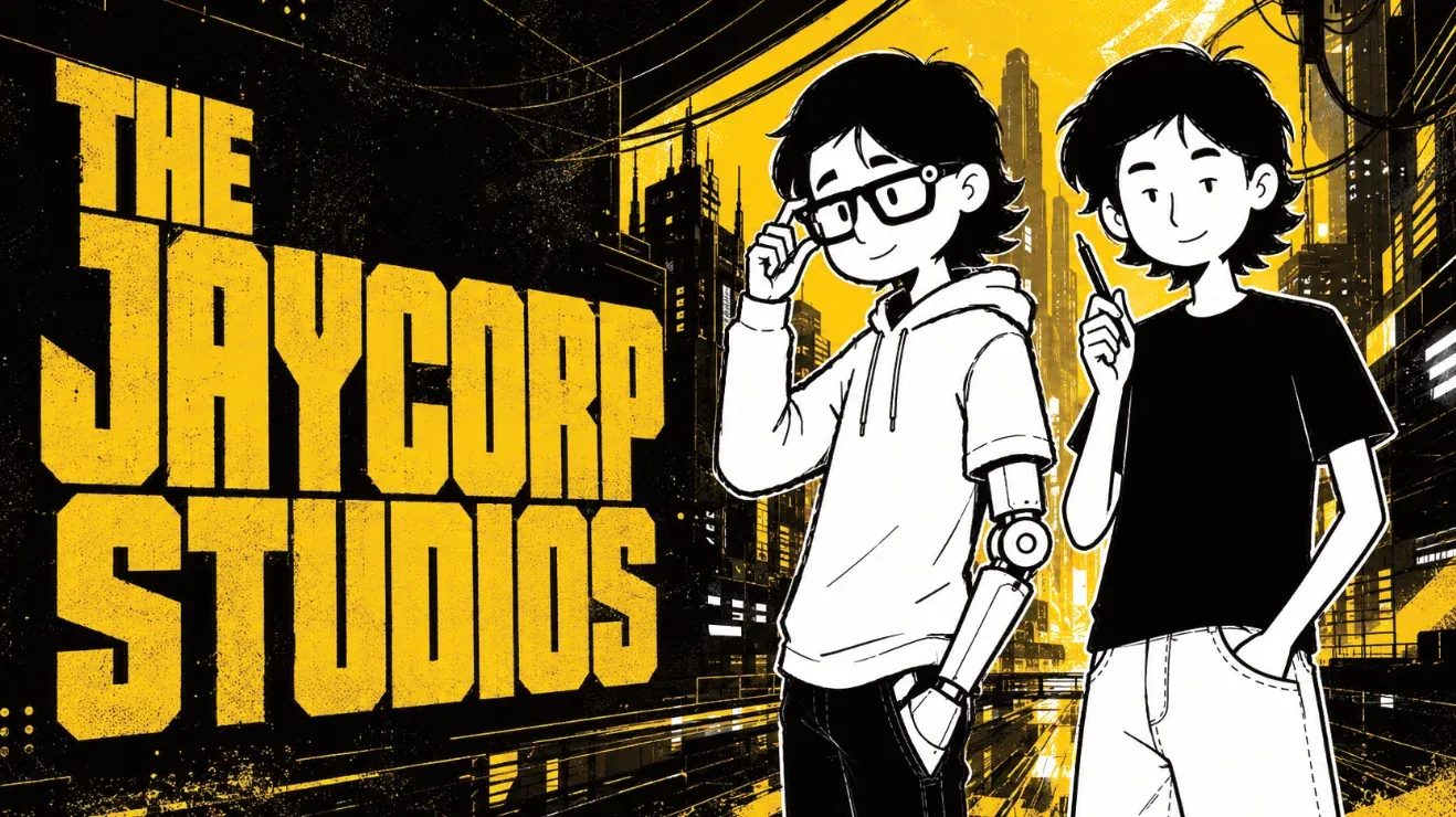 Visual exploration of two The Jaycorp Studios characters over a yellow and black city.