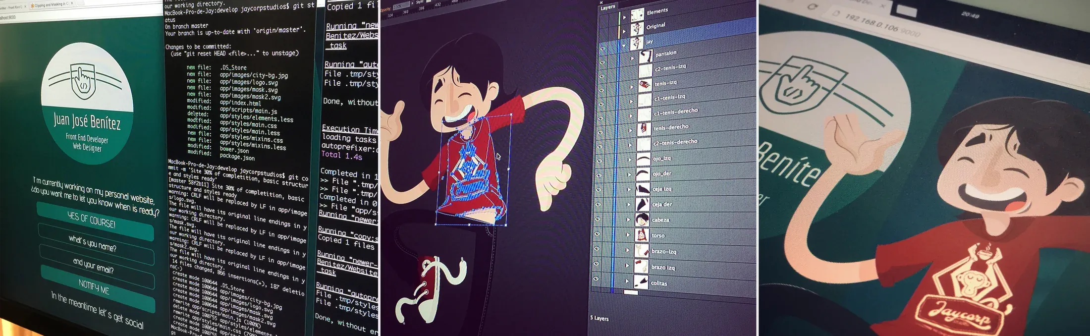 Screenshots of the 2015 personal site while it was being built, with terminal output, a graphics editor, and character artwork.