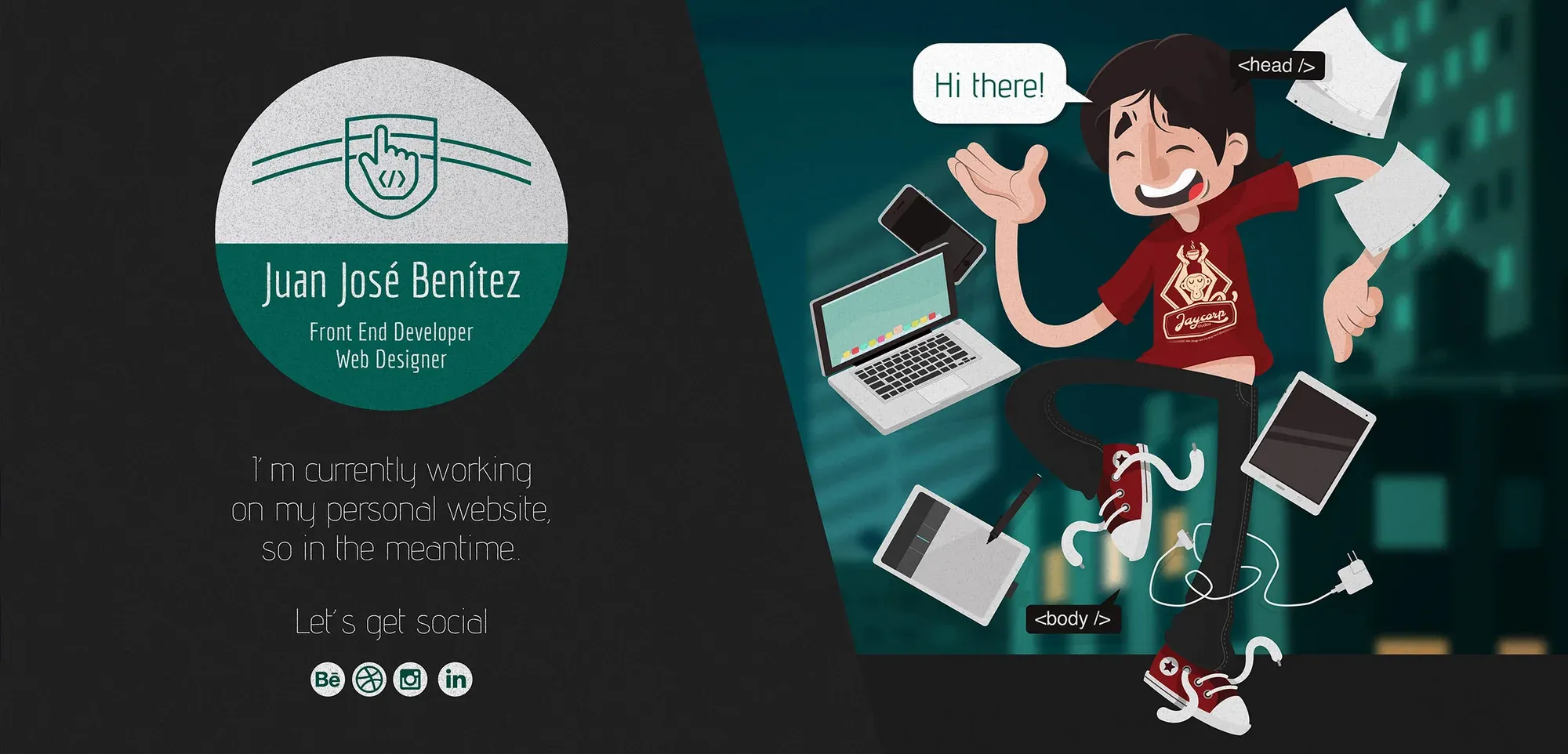Temporary landing page from the 2015 personal site with the Juan José Benítez mark and a floating character illustration.