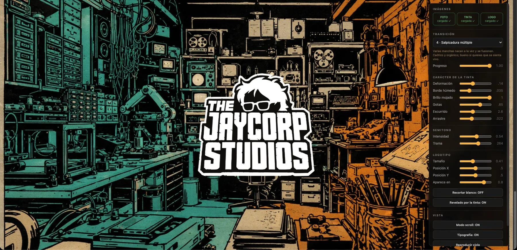 Screenshot of an experimental site version with ink, halftone, the split studio, and transition controls.